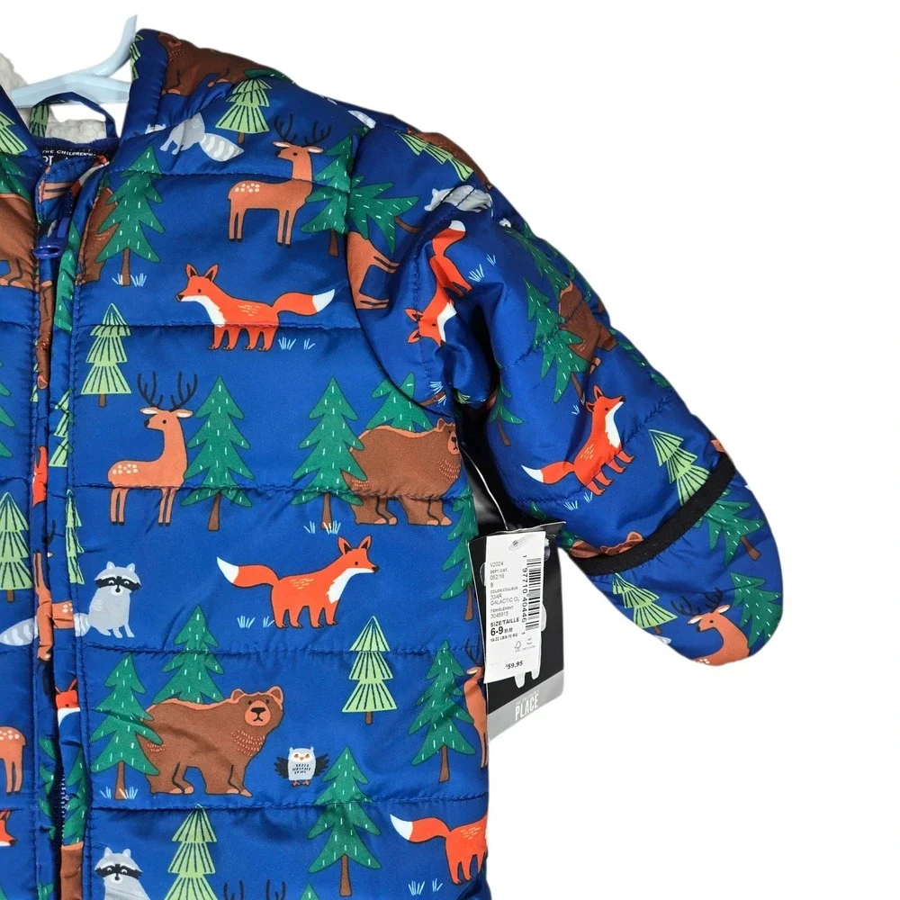 The Childrens Place Puffer Snowsuit Baby 6-9M Blue Woodland Animals NWT